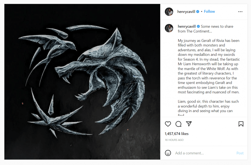 Instagram Post Henry's Instagram post related to Witcher series